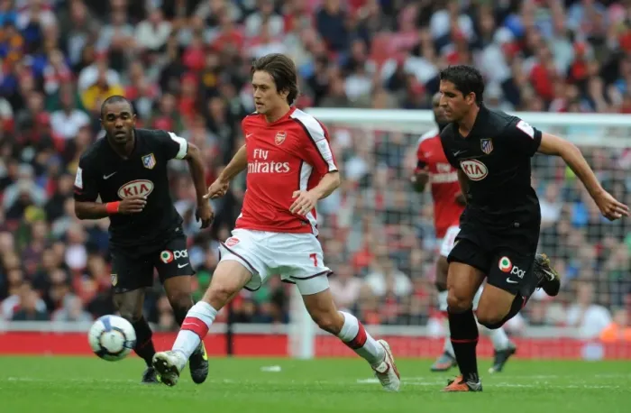 Framed Print : Arsenal's Rosicky Scores Against Athletico Madrid Duo Raul Garcia and Florent Sinama-Pongolle: Arsenal 2:1 Framed Print : Arsenal's Rosicky Scores Against Athletico Madrid Duo Raul Garcia and Florent Sinama-Pongolle: Arsenal 2:1