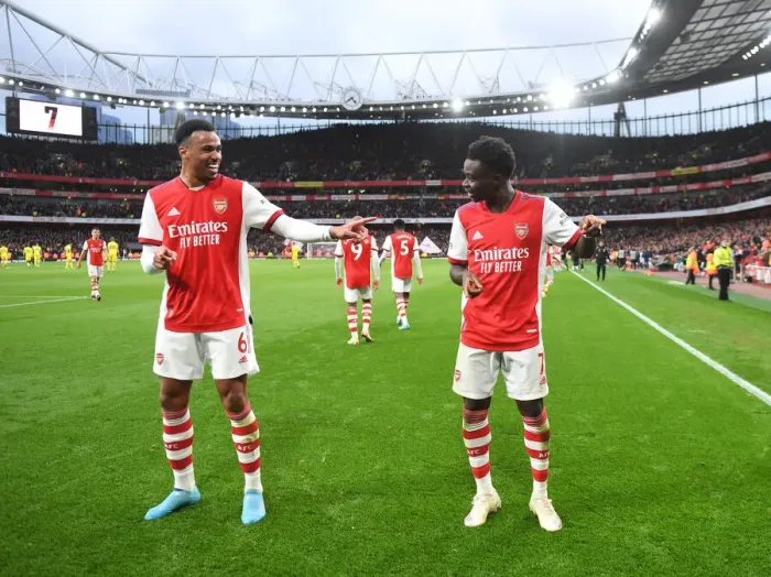 Framed Print : Arsenal's Saka and Gabriel Celebrate Second Goal Against Brentford (2021-22) Framed Print : Arsenal's Saka and Gabriel Celebrate Second Goal Against Brentford (2021-22)