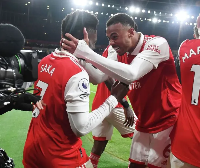 Framed Print : Arsenal's Saka and Gabriel: Celebrating Glory Over Manchester United (2022-23) Framed Print : Arsenal's Saka and Gabriel: Celebrating Glory Over Manchester United (2022-23)