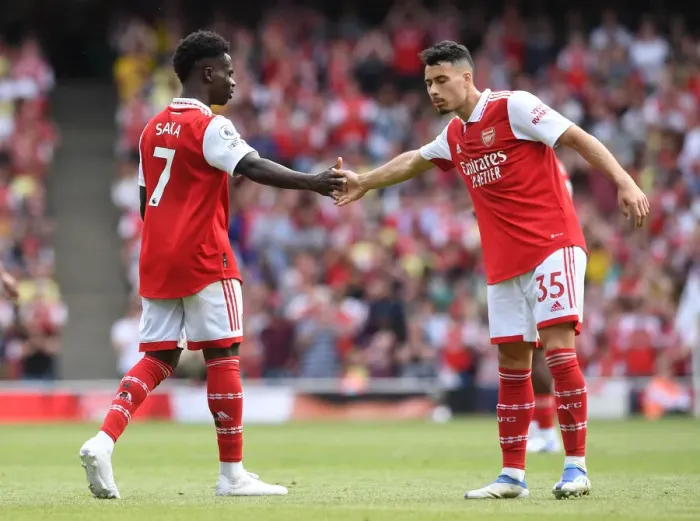 Framed Print : Arsenal's Saka and Martinelli in Action: Arsenal v Everton, Premier League 2021-22