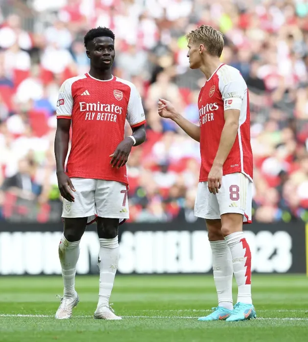 Framed Print : Arsenal's Saka and Odegaard Connect Amidst Community Shield Rivalry: Manchester City vs Arsenal (2023-24) Framed Print : Arsenal's Saka and Odegaard Connect Amidst Community Shield Rivalry: Manchester City vs Arsenal (2023-24)