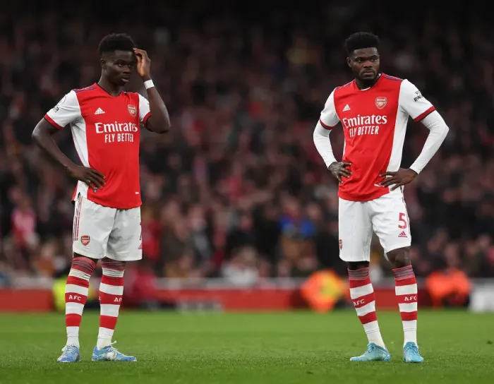 Framed Print : Arsenal's Saka and Partey in Action against Leicester City - Premier League 2021-22