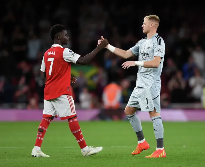 Framed Print : Arsenal's Saka and Ramsdale Celebrate Victory over Aston Villa in 2022-23 Premier League
