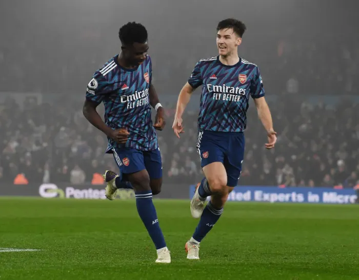 Framed Print : Arsenal's Saka and Tierney: Celebrating the Third Goal Against Leeds United (2021-22)