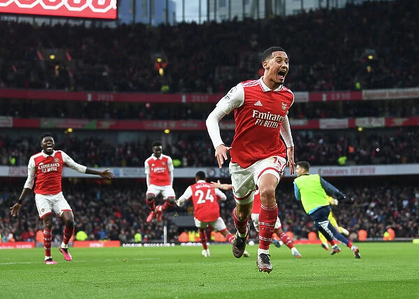Arsenal's Saliba Celebrates Third Goal Against Bournemouth in Premier League Showdown (2022-23)