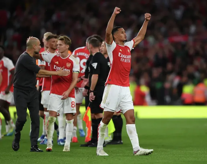 Framed Print : Arsenal's Saliba Celebrates Upset Win Against Manchester City (2023-24)