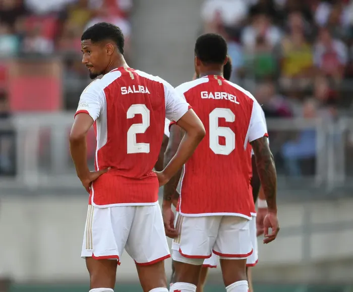 Framed Print : Arsenal's Saliba and Gabriel Face Off in Pre-Season Friendly against FC Nurnberg Framed Print : Arsenal's Saliba and Gabriel Face Off in Pre-Season Friendly against FC Nurnberg