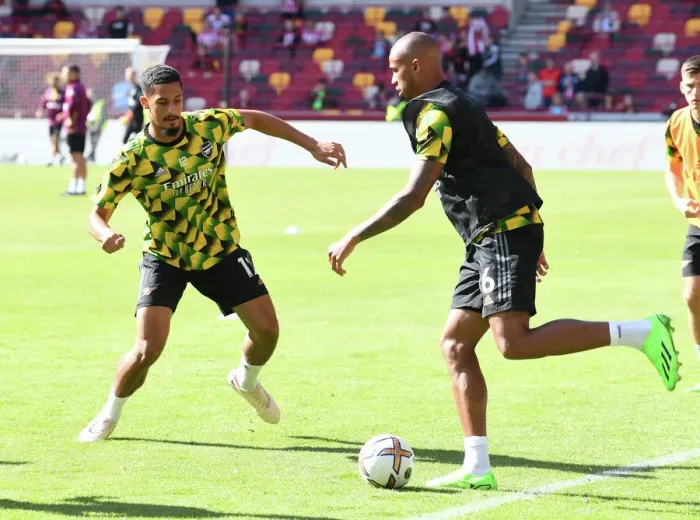 Framed Print : Arsenal's Saliba and Magalhaes Prepare for Brentford Clash - Premier League 2022-23