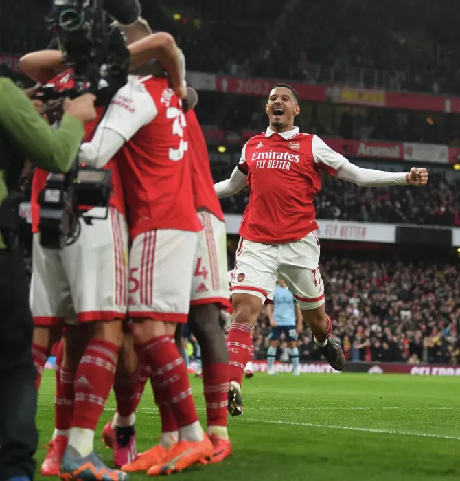 Framed Print : Arsenal's Saliba Scores: Arsenal FC vs Brentford FC, Premier League 2022-23