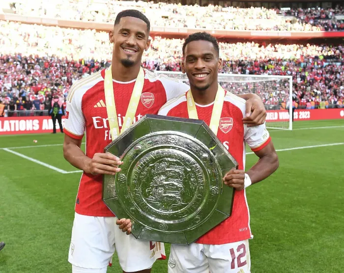 Framed Print : Arsenal's Saliba and Timber Celebrate at 2023 Community Shield Against Manchester City