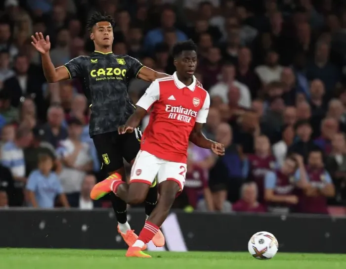 Framed Print : Arsenal's Sambi Outmaneuvers Aston Villa's Ollie Watkins in 2022-23 Premier League Clash