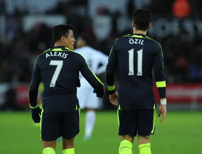 Framed Print : Arsenal's Sanchez and Ozil: Celebrating Goals in Swansea's Defeat, Premier League 2016-17
