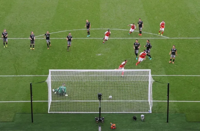 Framed Print : Arsenal's Santi Cazorla Scores Decisive Penalty in 2-0 Win over Southampton (2016-17)