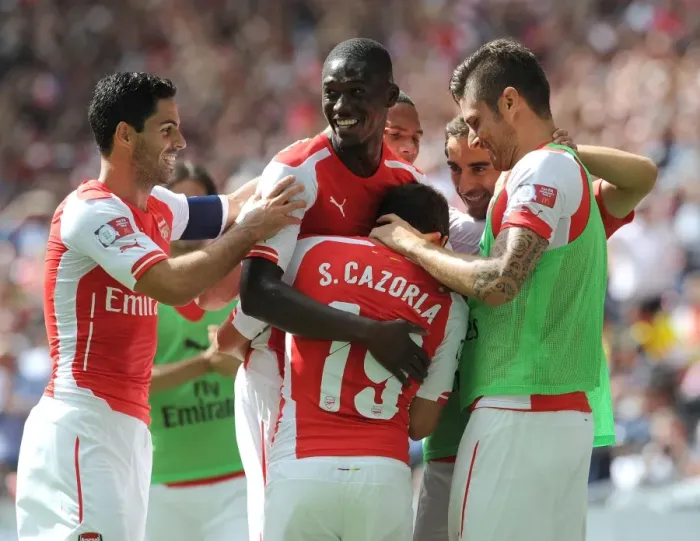 Framed Print : Arsenal's Santi Cazorla and Teammates Celebrate Goal Against Manchester City - FA Community Shield 2014 / 15 Framed Print : Arsenal's Santi Cazorla and Teammates Celebrate Goal Against Manchester City - FA Community Shield 2014 / 15
