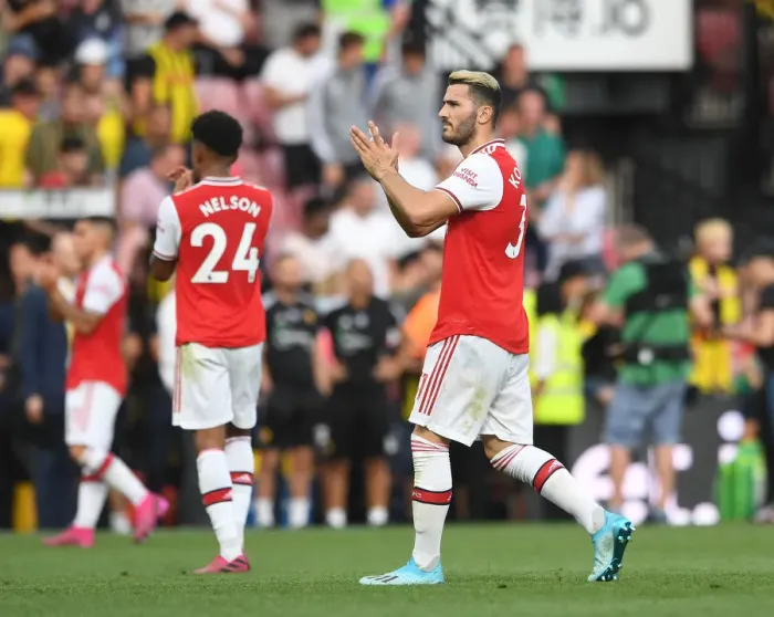 Framed Print : Arsenal's Sead Kolasinac Celebrates with Fans after Watford Victory