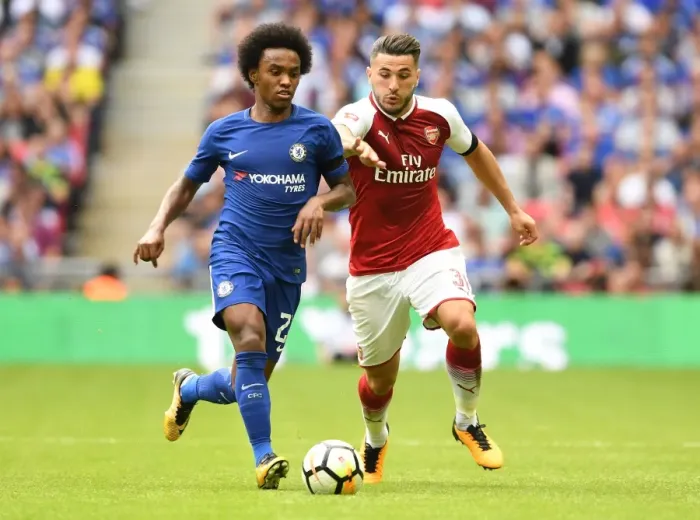 Framed Print : Arsenal's Sead Kolasinac Clashes with Chelsea's Willian in FA Community Shield Showdown (2017-18)