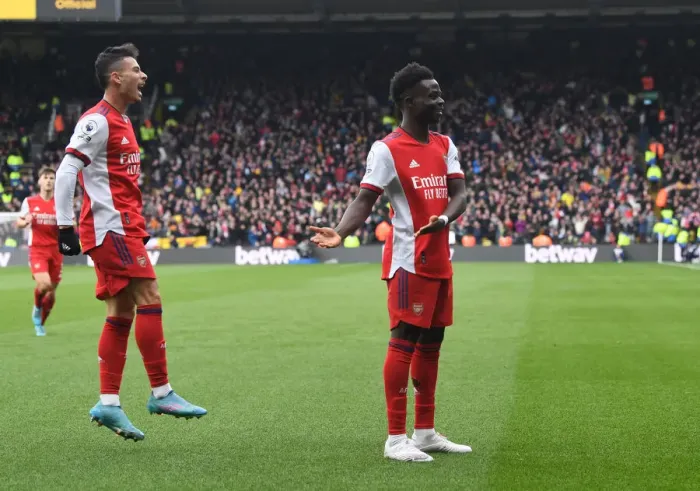Framed Print : Arsenal's Sensational Young Stars: Saka and Martinelli Celebrate Victory Over Watford in the Premier League 2021-22