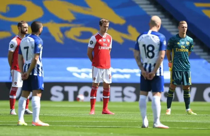 Framed Print : Arsenal's Silent Victory: Brighton & Hove Albion vs. Arsenal FC in Empty Premier League Stadium (June 2020)