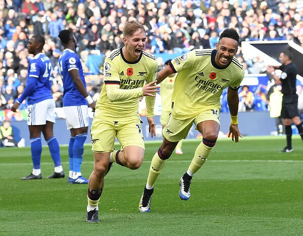 Arsenal's Smith Rowe and Aubameyang: Celebrating Their Goals in Leicester City Victory (2021-22)