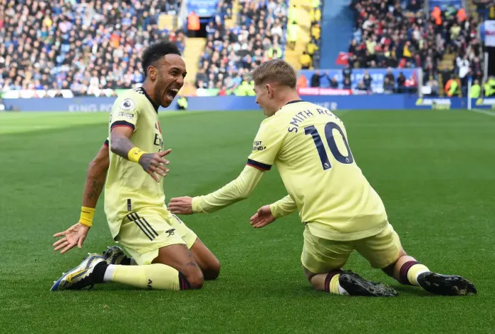 Framed Print : Arsenal's Smith Rowe and Aubameyang Celebrate Goals Against Leicester City (2021-22) Framed Print : Arsenal's Smith Rowe and Aubameyang Celebrate Goals Against Leicester City (2021-22)