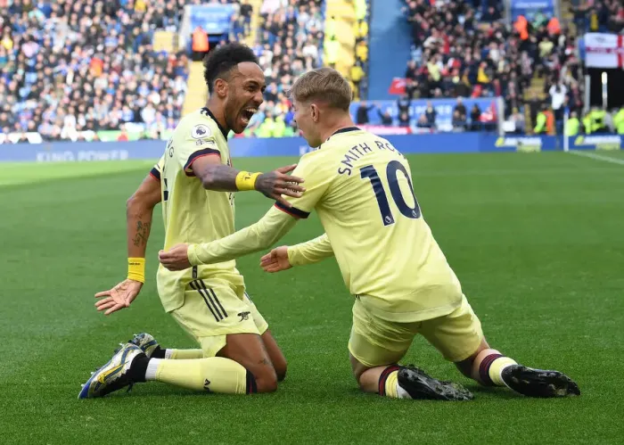 Framed Print : Arsenal's Smith Rowe and Aubameyang Celebrate Goals in Leicester City Victory (2021-22)