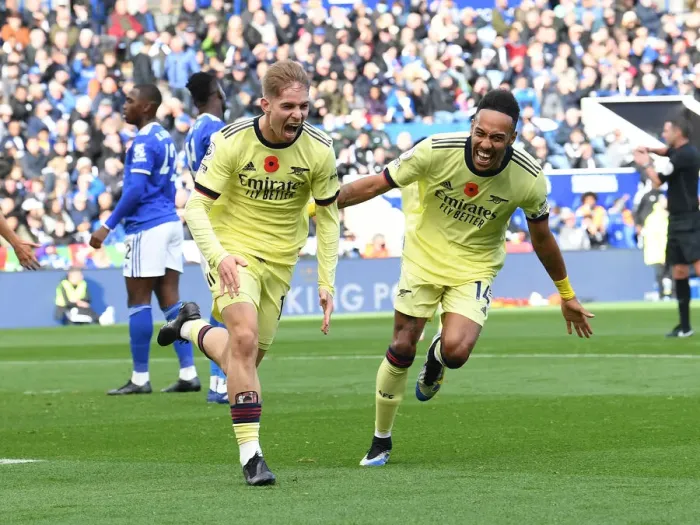 Framed Print : Arsenal's Smith Rowe and Aubameyang: A Dynamic Duo's Victory Dance at Leicester City (2021-22)