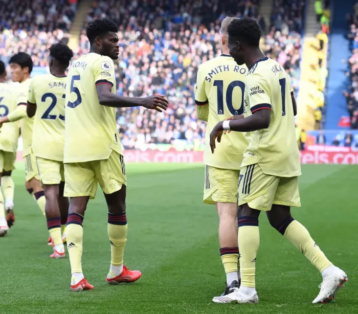 Framed Print : Arsenal's Smith Rowe and Partey Celebrate Goal Against Leicester City (2021-22) Framed Print : Arsenal's Smith Rowe and Partey Celebrate Goal Against Leicester City (2021-22)