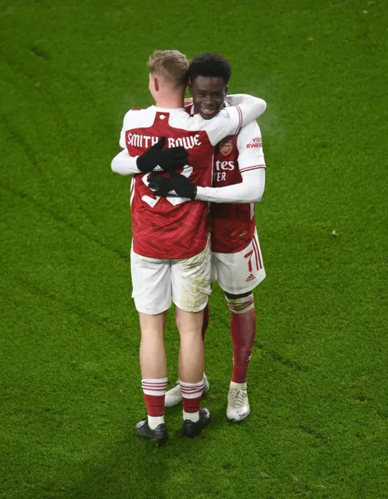 Framed Print : Arsenal's Smith Rowe and Saka Celebrate First Goal in FA Cup Victory over Newcastle Framed Print : Arsenal's Smith Rowe and Saka Celebrate First Goal in FA Cup Victory over Newcastle