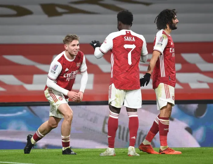 Framed Print : Arsenal's Smith Rowe and Saka Celebrate First Goal vs. Newcastle United in FA Cup Third Round