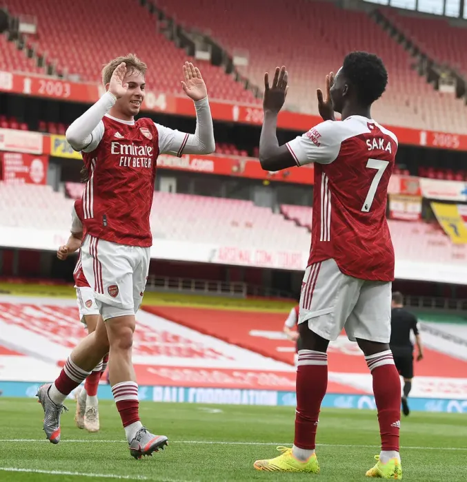 Framed Print : Arsenal's Smith Rowe and Saka Celebrate First Goal Against West Bromwich Albion in Empty Emirates Stadium (2020-21) Framed Print : Arsenal's Smith Rowe and Saka Celebrate First Goal Against West Bromwich Albion in Empty Emirates Stadium (2020-21)
