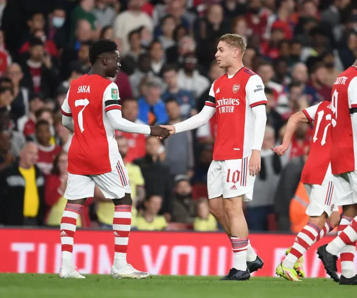 Framed Print : Arsenal's Smith Rowe and Saka: Unstoppable Duo Celebrates Goal in Carabao Cup Victory Framed Print : Arsenal's Smith Rowe and Saka: Unstoppable Duo Celebrates Goal in Carabao Cup Victory