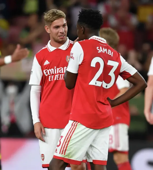 Framed Print : Arsenal's Smith Rowe and Sambi Celebrate Victory Over Aston Villa in 2022-23 Premier League