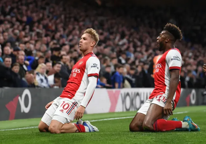 Framed Print : Arsenal's Smith Rowe and Tavares Celebrate Second Goal Against Chelsea (2021-22) Framed Print : Arsenal's Smith Rowe and Tavares Celebrate Second Goal Against Chelsea (2021-22)