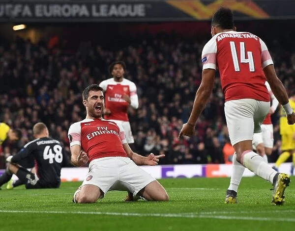 Arsenal's Sokratis and Aubameyang Celebrate Goal in Europa League Victory over BATE Borisov