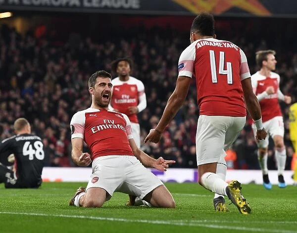 Arsenal's Sokratis and Aubameyang Celebrate Goals in Europa League Victory over BATE Borisov