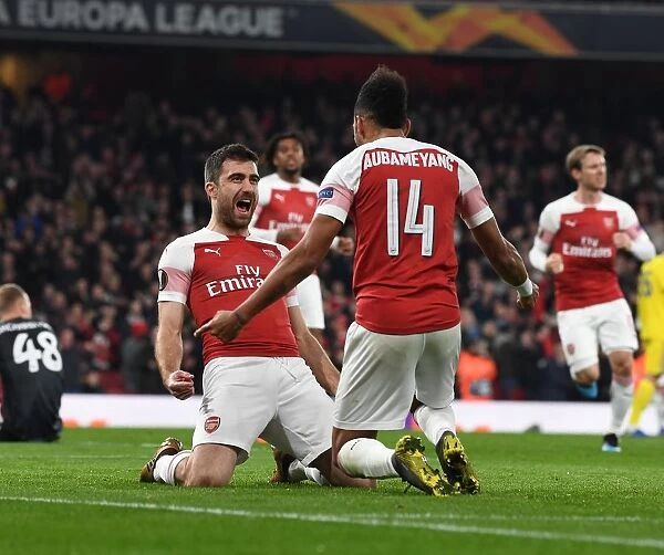 Arsenal's Sokratis and Aubameyang: Celebrating Goals in Europa League Victory