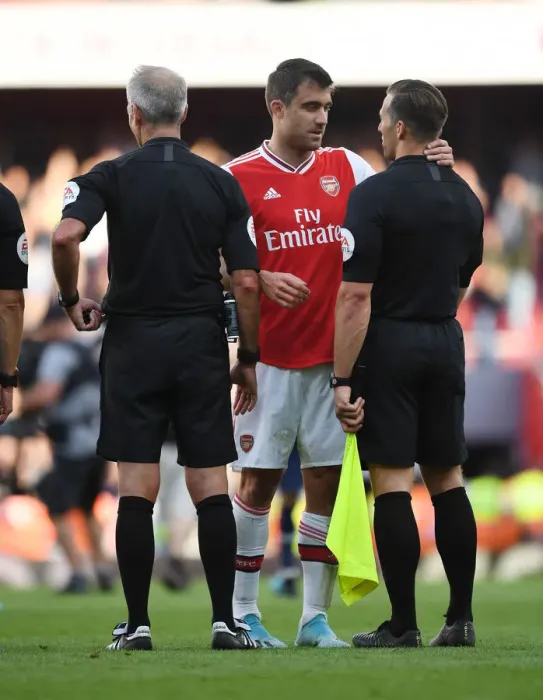 Framed Print : Arsenal's Sokratis Contests Referee Decision During Arsenal v Tottenham Premier League Clash