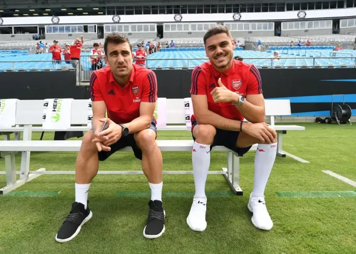 Framed Print : Arsenal's Sokratis and Mavropanos Gear Up: Arsenal v Fiorentina, 2019 International Champions Cup