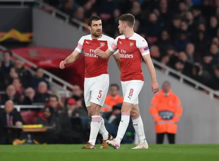 Framed Print : Arsenal's Sokratis and Ramsey in Action: Arsenal vs. Napoli, Europa League Quarterfinals (2018-19) Framed Print : Arsenal's Sokratis and Ramsey in Action: Arsenal vs. Napoli, Europa League Quarterfinals (2018-19)