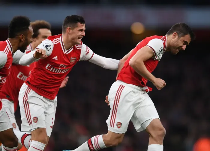 Framed Print : Arsenal's Sokratis and Xhaka Celebrate First Goal Against Crystal Palace (2019-20)