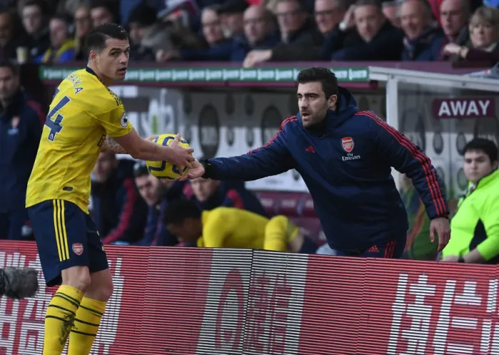 Framed Print : Arsenal's Sokratis and Xhaka: A Moment of Respite Amidst Burnley's Pressure (Burnley v Arsenal 2019-20)