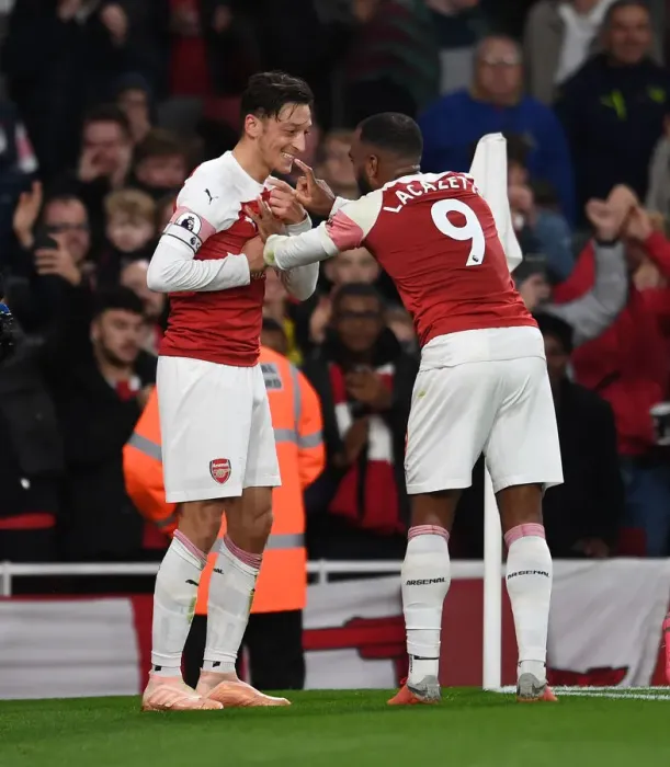 Framed Print : Arsenal's Star Duo: Ozil and Lacazette Celebrate First Goal vs Leicester City (2018-19)