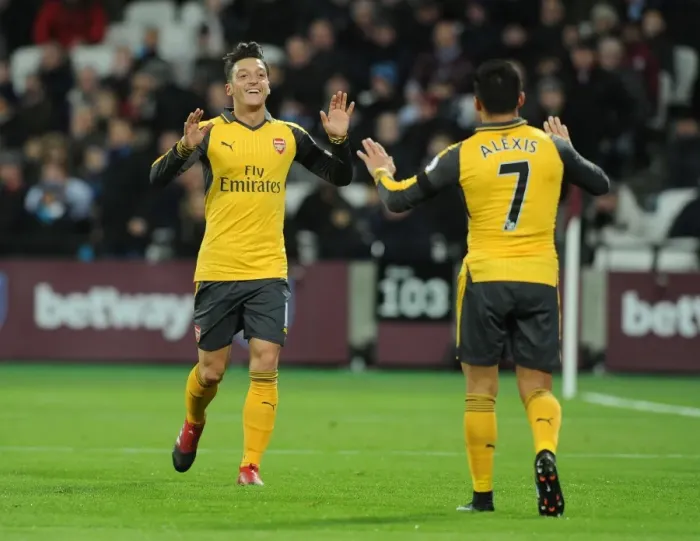 Framed Print : Arsenal's Star Duo: Ozil and Sanchez Celebrate a Goal against West Ham United, Premier League 2016-17 Framed Print : Arsenal's Star Duo: Ozil and Sanchez Celebrate a Goal against West Ham United, Premier League 2016-17