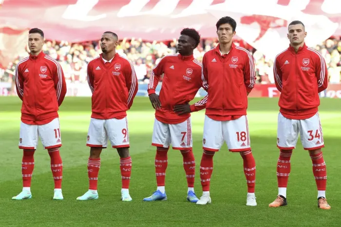Framed Print : Arsenal's Star Five: Martinelli, Jesus, Saka, Tomiyasu, Xhaka Prepare for Arsenal v Liverpool Clash (2022-23) Framed Print : Arsenal's Star Five: Martinelli, Jesus, Saka, Tomiyasu, Xhaka Prepare for Arsenal v Liverpool Clash (2022-23)