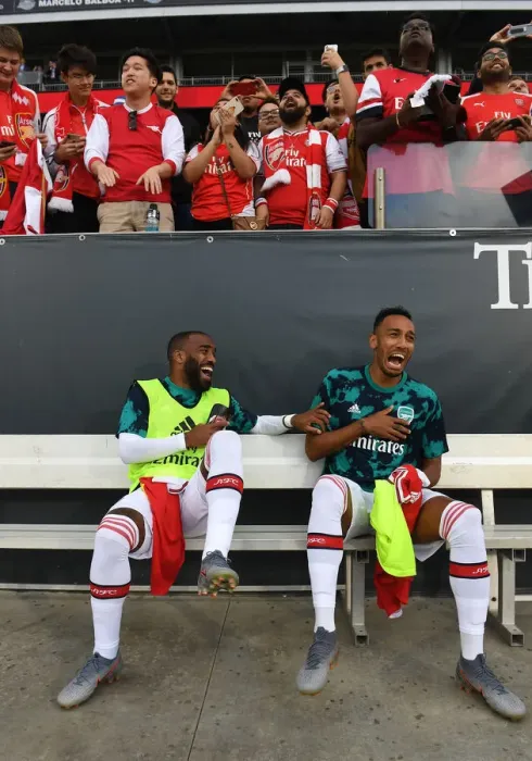 Framed Print : Arsenal's Star Forwards Lacazette and Aubameyang in Harmony: Pre-Season Training, 2019
