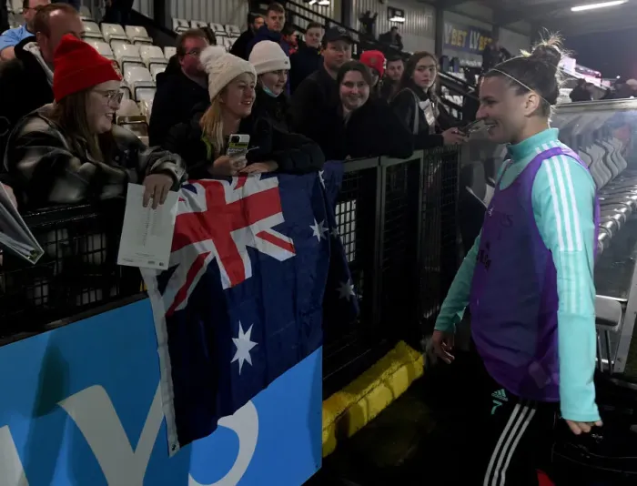 Framed Print : Arsenal's Steph Catley Celebrates FA Cup Quarterfinal Victory with Australian Fans Framed Print : Arsenal's Steph Catley Celebrates FA Cup Quarterfinal Victory with Australian Fans