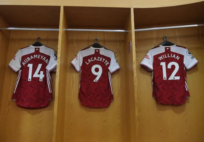 Framed Print : Arsenal's Strikers: Aubameyang, Lacazette, and Willian's Jerseys in the Changing Room (Arsenal v West Ham United, 2020-21)