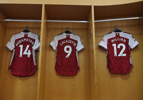 Arsenal's Strikers: Aubameyang, Lacazette, and Willian's Jerseys in the Changing Room (Arsenal v West Ham United, 2020-21)