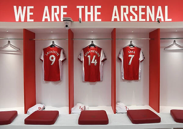 Arsenal's Strikers: Lacazette, Aubameyang, and Saka's Hanging Jerseys in the Changing Room before Arsenal vs Newcastle United (2021-22)
