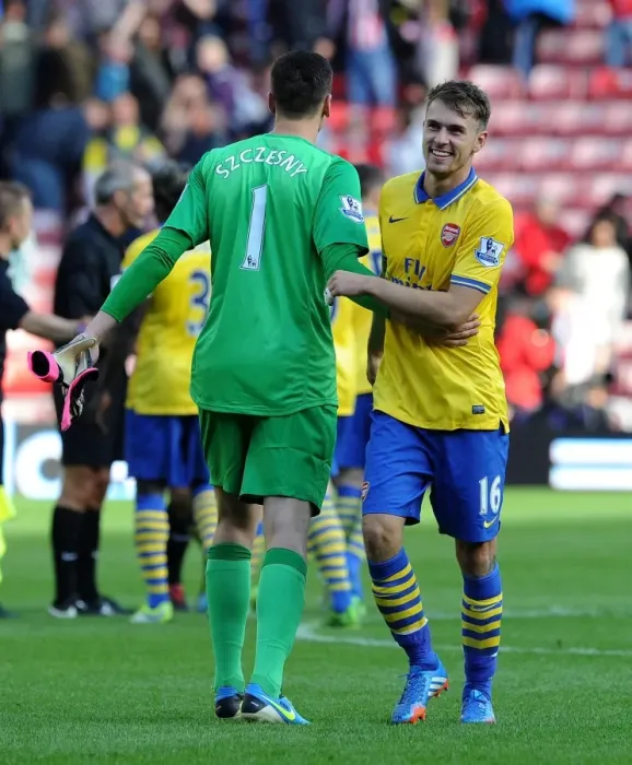 Framed Print : Arsenal's Szczesny and Ramsey Share a Laugh: Sunderland v Arsenal, 2013-14 Premier League